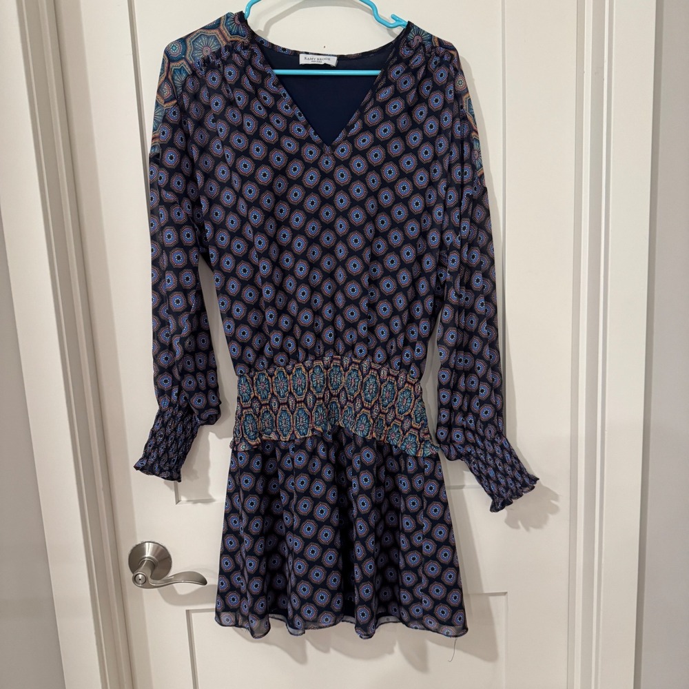 Ramy Brook Navy Blue Medallion Print V-Neck Mini Dress Long Sleeve $465 new